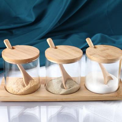 China Sustainable Glass Jars With Bamboo Lids And Wooden Spoons, Set Salt Sugar Spice Pepper With 3 Container Set for sale