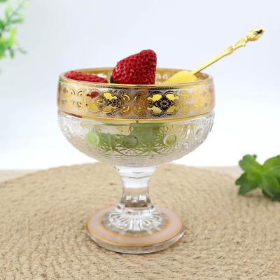 China Luxury Gold Decal 370ml Freshness Middle Eastern Style Glass Fruit Bowl With Stand Ice Cream Bowl Glass Bowl for sale