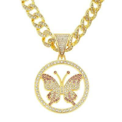 China 2022 Summer Jewelry Hiphop Cuban Chain For Women Zircon Gold Round Fashion Rhinestone Butterfly Pendant Necklace for sale