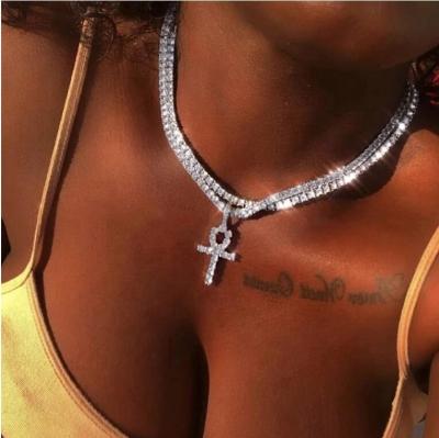 China Hiphop Bling Bling Women Hiphop Tennis Necklace Crystal Rhinestone Tennis Chain Ankh Cross Necklace for sale