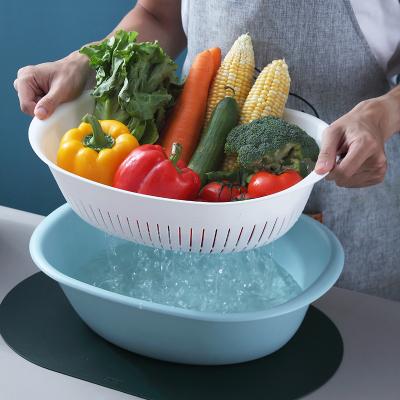 China Nordic Viable Double-Layer Basin Kitchen Fruit Storage Basket Plastic Draining Fruit Vegetable Wash Basket for sale