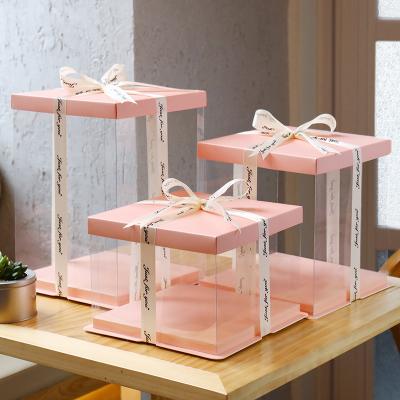 China Disposable decorative plastic gift box, transparent PET bakery box, square cake box for high cakes for sale