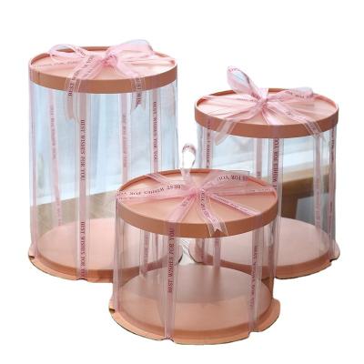 China Disposable Clear PET Birthday Cake Wrap Around Pink Color Paper Cake Box for sale