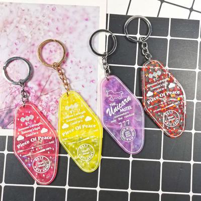 China Custom Hotel Key Chain Diamond Transparent Marble Engraved Enamel Glitter Hotel Acrylic Motel Key Chain for sale