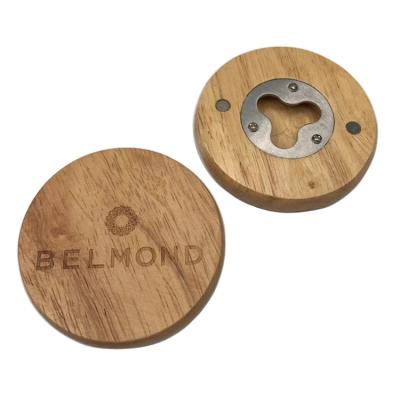 China Sustainable Custom Round Shape Magnetic Wooden Wedding Favors Engraved Beer Bottle Opener With Magnet for sale