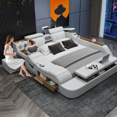 China Vibrating Massage Air Purifying Function With Modern White Leather Large Projection Bed Massage Bed Bedroom Furniture Can Add Storage for sale