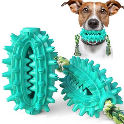 China TPR Environmental Protection Washable Indestructible Viable Food Treat Dispensing Dog Toy Training Ball With Rope for sale