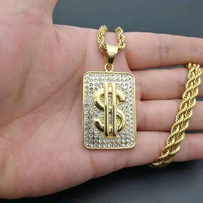 China CLASSIC Europe and USA New HIP HOP Jewelry Titanium Steel Vacuum Gold Diamond Dollar Sign Pendant for sale