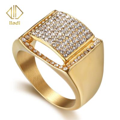 China CLASSIC New Arrival 18k Gold Hollow Out Stainless Steel Square Diamond Encrusted Men's Ring for sale