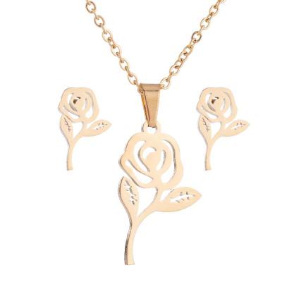 China Hot Selling CLASSIC Rose Necklace Set Female Stainless Steel Flower Necklace Earring Set Three Jewelry Set for sale