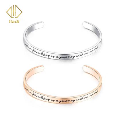 China CLASSIC Rose Gold Stainless Steel Cuff Bangle With Laser Friendship Phrase Lettered Bangle Bracelets Womens for sale