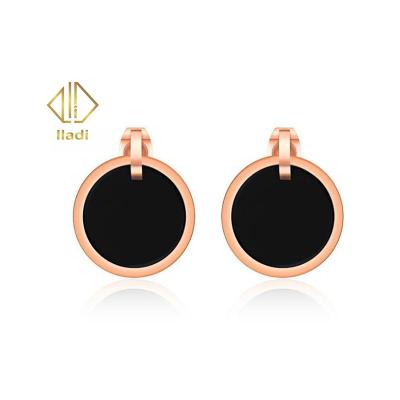 China Ethnic New Korean Stainless Steel Rose Gold Round Cake Black Enamel Simple Stud Earrings for sale