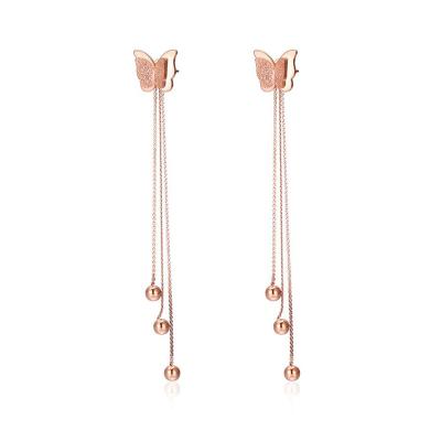 China Amanza Ethnic Titanium Steel Plated Rose Gold Tassel Butterfly Stud Dangle Earrings For Women for sale