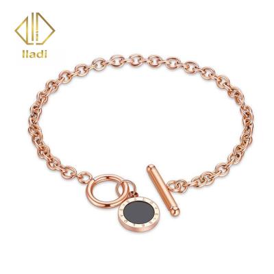 China CLASSIC titanium steel jewelry Japanese and Korean personality hand rose gold chain bracelet brand black round women's earth bracelet for sale