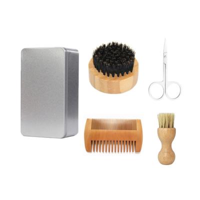 China Eco-Friendly Bamboo Beard Brush and Comb Set, Round Beard Brush with Small Scissors and Iron Box Set BEARD-25 for sale