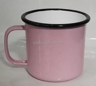 China Viable white and pink custom color and printing of metal mug with enamel coating for sale