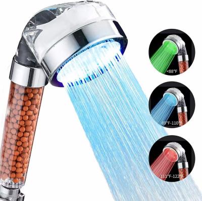 China Colorless 3 Switch Led Ionic Changing Rain Shower Head Hand Held Temperature Controlled for sale