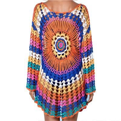 China Outdoor Hollow Knitted Bikini Swimwear Women Rainbow Cover Up Long Sleeve Breathable Custom Handmade Crocheted Beach Blouse for sale