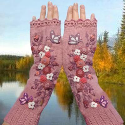 China Dobby Autumn Winter Style Embroidered With 2 Small Butterfly Women's Glove Lengthened Warm Adult Woolen Glove for sale