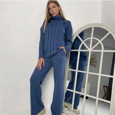 China Factory Custom Anti-wrinkle Winter Knitted Heavyweight Tortoise Neck Sweater Suit Women Twist Two Piece Set for sale