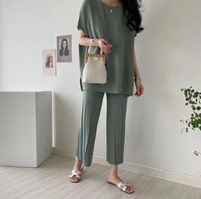 China Summer QUICK DRY Polyester Spring Factory Wide Leg Pants Knitted Suit Women Solid Color Loose Short Sleeve Knitted Upper for sale