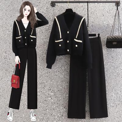 China Factory wholesale spring QUICK DRY plus size cotton cardigan culotte suit high waist wide leg pants knitted women two piece set clothing for sale