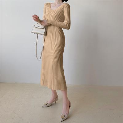 China Wholesale Anti-Static Apparel Factory Square Neck Sweater Dresses High Waist Long Sleeve Knitted Dress Women for sale