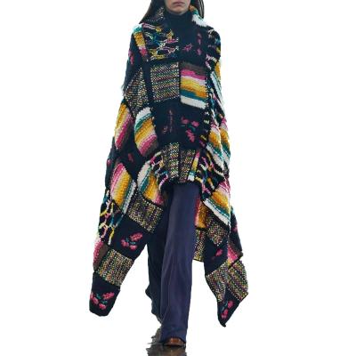 China Factory Design Anti-pilling Tassel Patchwork Shawl Women Fashion Custom Pattern Hand Embroidered Floral Knitted Coat for sale