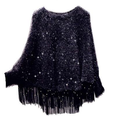 China Women Anti-Shrink Custom Autumn Shawl Factory Tassel Sweater Coat Loose Plush Sequin Knitted Bat Shirt Cape for sale