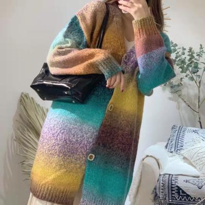 China Anti-pilling factory custom plus size woolen mohair knitted cardigan gradient rainbow color striped sweater women for sale