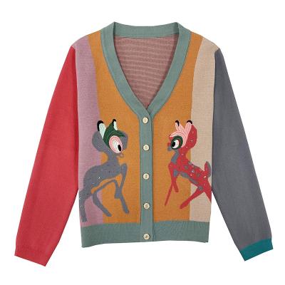 China Factory custom anti-pilling cartoon fawn embroidery sequin knitted cardigan jacket color matching long sleeve women for sale