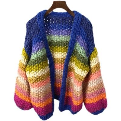 China Anti-wrinkle factory custom design handmade rainbow knit cardigan stripes hit heavy hand knitted color sweater coat women for sale