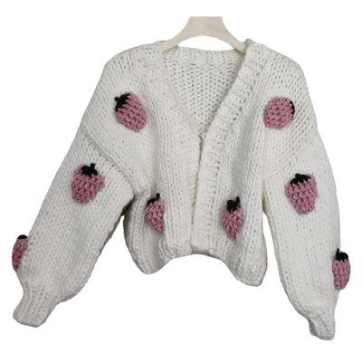 China Factory Custom Women's Winter V-Neck Sweater Strawberry Lantern Thick Handmade Anti-Wrinkle Sleeve Hand Knit Cardigan for sale