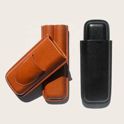 China Handmade Hot Sale Leather Cigar 2 Fingers Holder With Cigar Cutter Travel Cigar Cases/Humidors for sale