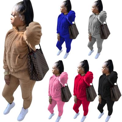 China 2020 Winter Clothes Solid Color Plush Sweater QUICK DRY Hooded Pants Suit Two Piece Suit For Women for sale