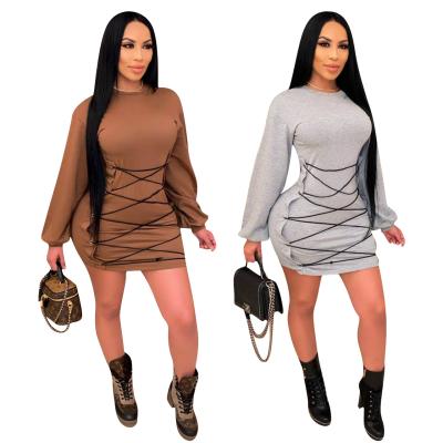 China Anti-Static Women's Clothing Lace Up Solid Color Dress Woman Ladies Mini Dress Casual Dresses Sheath Bandage for sale