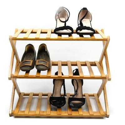 China Modern Multifunctional Folding Bamboo 3 Tier Shoe Rack Zapateras Shoe Storage Rack for sale