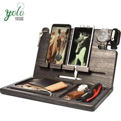 China Adjustable Black Color Solid Wood Phone Dock Charging Station with Key, Pen Holder, Wallet and Watch Organizer for sale