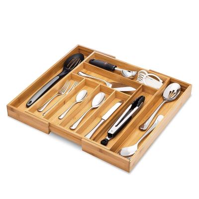 China Sustainable Expandable Bamboo Cutlery Tray Drawer Organizer with Nine Compartments for sale