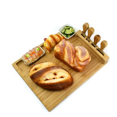 China Sustainable Bamboo Cheese Board Food Tray with 4 Stainless Steel Knives and 1 Ceramic Bowl for sale