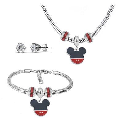 China TRENDY Animals Cute Cartoon Mickey Pendant Necklace Earrings Sets Stainless Steel For Women Silver Color Trendy 2022 Wholesale for sale