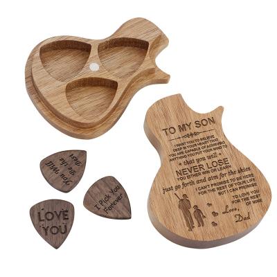 China Custom Engraved Handmade Guitar Picks Pick Box Wood Holder Collector with 3pcs Picks Guitar Accessories Parts Gift Music Box for sale