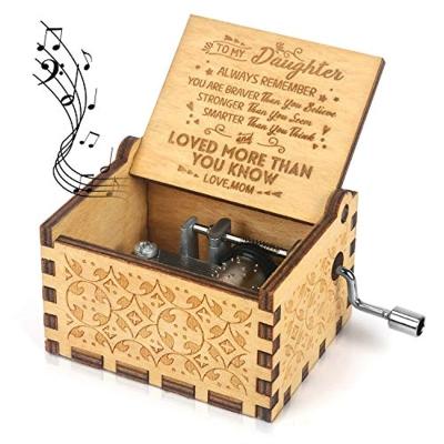 China Wood Customized Creative Engraved Wooden Music Box Mechanism Hand Crank Musical Box Gifts Mom To Daughter MB008 for sale