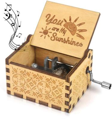 China Wood Customized Musical Box OEM Engraved Wood Crank Musical Box Creative Gifts You Are My Sunshine MB016 for sale