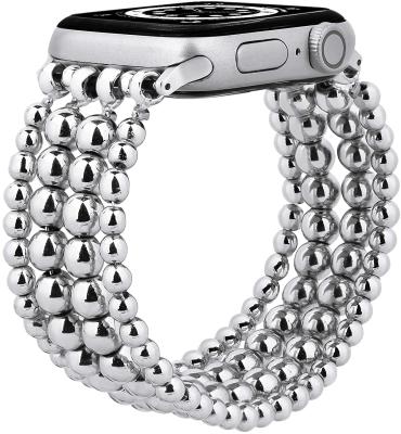 China Fanshion Luxury Round Pearl Strap Steel Band For Apple Watch Stainless Steel Charm Metal Band Strap For iwatch Bands 7/6/5/4/3/2/1 Se for sale