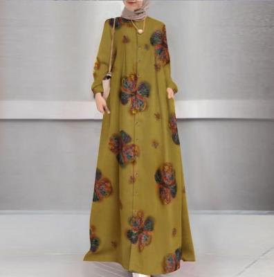 China New Muslim Long Sleeve Dress Cotton Canvas Printed Abaya Women Vintage Long Sleeve Muslim Dress Casual Straight Dress Muslim Clothing Long Dress for sale