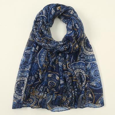 China E-commerce New Bali Yarn Single Scarf Ladies Muslim Border Scarf, Silk Scarf Printed Long Shawl Towel for sale