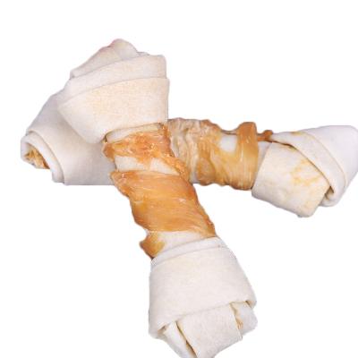 China Sustainable Two Color Cowhide Bone Wrapped Chicken Dog Chews Teeth Cleaning Training Dog Snacks for sale