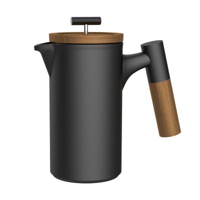 China WITH LID DHPO Custom Logo Black Portable Insulated French Press Pot with Unique Wooden Handle Coffee Tea Maker Ceramic French Press Set for sale