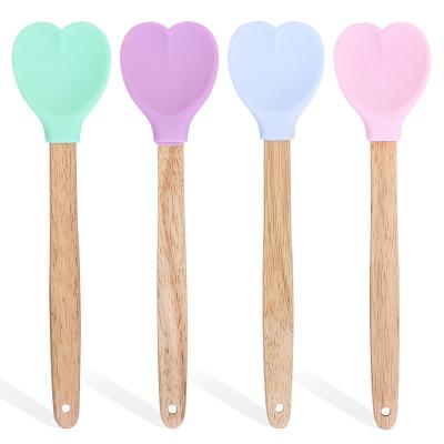 China New Viable Heart Shaped Silicone Color Silicone Spatula Insulation Wooden Pan Baking Tools Spoon Handle Pastry Mixing Baking Tools for sale